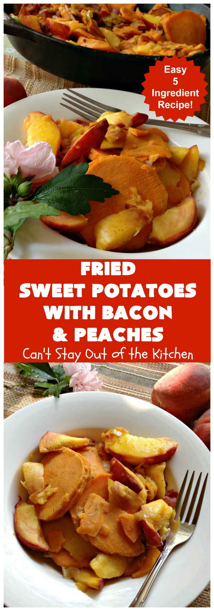 Fried Sweet Potatoes with Bacon and Peaches | Can't Stay Out of the Kitchen | this is a fantastic way to serve #SweetPotatoes for #breakfast! But it's also a great side dish. Of course, everything's always better with #bacon! #peaches #EasySideDish #GlutenFree #FriedSweetPotatoesWithBaconAndPeaches #5IngredientSideDish #5IngredientRecipe