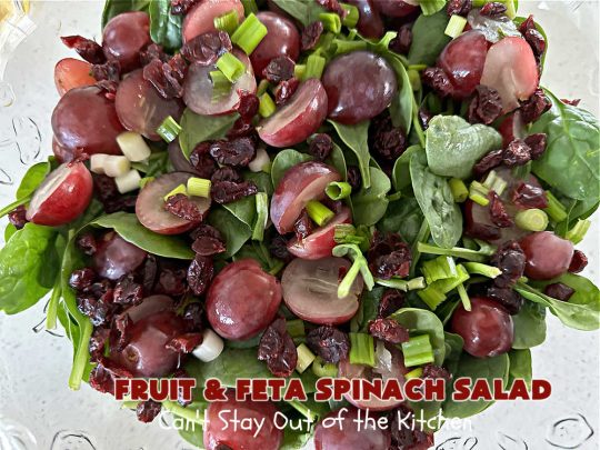 Fruit and Feta Spinach Salad | Can't Stay Out of the Kitchen | this delectable #TossedSalad is light & refreshing & perfect for #summer meals. It's filled with #fruit including #apples, #grapes & dried #cranberries. The toasted #walnuts & #FetaCheese add savory & smoky flavors along with a crunchy texture that's irresistible. If you enjoy #SpinachSalad this is a great way to serve it. Excellent for company or #holiday dinner menus too. #salad #GlutenFree #FruitAndFetaSpinachSalad