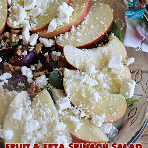 Fruit and Feta Spinach Salad | Can't Stay Out of the Kitchen | this delectable #TossedSalad is light & refreshing & perfect for #summer meals. It's filled with #fruit including #apples, #grapes & dried #cranberries. The toasted #walnuts & #FetaCheese add savory & smoky flavors along with a crunchy texture that's irresistible. If you enjoy #SpinachSalad this is a great way to serve it. Excellent for company or #holiday dinner menus too. #salad #GlutenFree #FruitAndFetaSpinachSalad