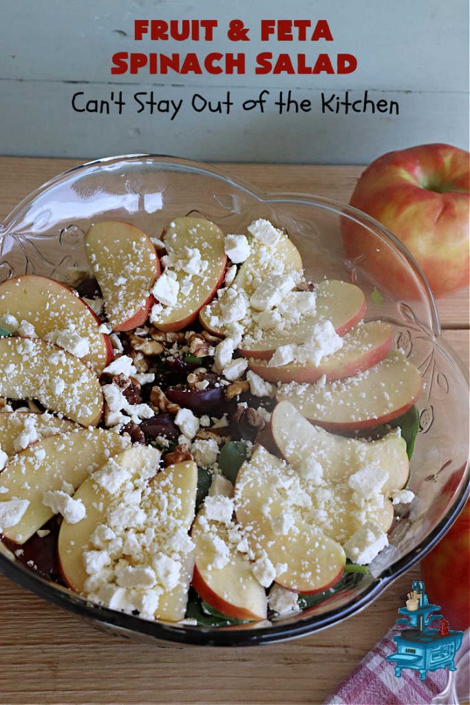 Fruit and Feta Spinach Salad | Can't Stay Out of the Kitchen | this delectable #TossedSalad is light & refreshing & perfect for #summer meals. It's filled with #fruit including #apples, #grapes & dried #cranberries. The toasted #walnuts & #FetaCheese add savory & smoky flavors along with a crunchy texture that's irresistible. If you enjoy #SpinachSalad this is a great way to serve it. Excellent for company or #holiday dinner menus too. #salad #GlutenFree #FruitAndFetaSpinachSalad