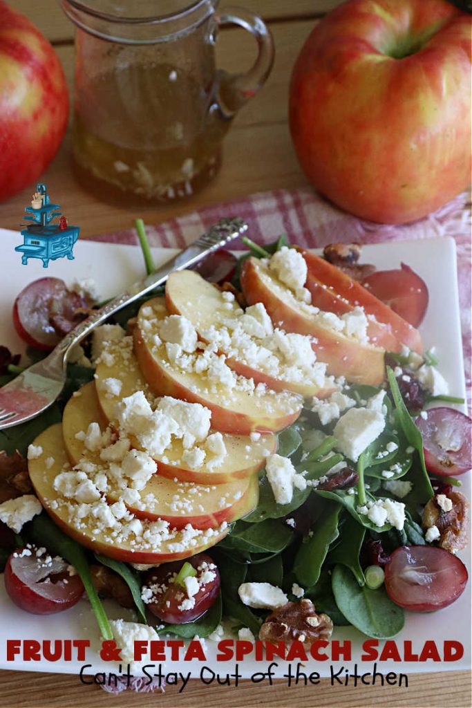 Fruit and Feta Spinach Salad | Can't Stay Out of the Kitchen | this delectable #TossedSalad is light & refreshing & perfect for #summer meals. It's filled with #fruit including #apples, #grapes & dried #cranberries. The toasted #walnuts & #FetaCheese add savory & smoky flavors along with a crunchy texture that's irresistible. If you enjoy #SpinachSalad this is a great way to serve it. Excellent for company or #holiday dinner menus too. #salad #GlutenFree #FruitAndFetaSpinachSalad