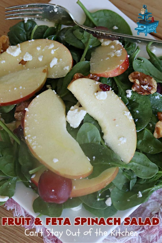 Fruit and Feta Spinach Salad | Can't Stay Out of the Kitchen | this delectable #TossedSalad is light & refreshing & perfect for #summer meals. It's filled with #fruit including #apples, #grapes & dried #cranberries. The toasted #walnuts & #FetaCheese add savory & smoky flavors along with a crunchy texture that's irresistible. If you enjoy #SpinachSalad this is a great way to serve it. Excellent for company or #holiday dinner menus too. #salad #GlutenFree #FruitAndFetaSpinachSalad