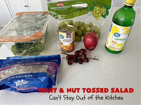 Fruit and Nut Tossed Salad | Can't Stay Out of the Kitchen | Every forkful of this tasty #salad will captivate your palate! It's a delicious #TossedSalad that's light, refreshing, #healthy, #LowCalorie, #vegan & #GlutenFree. It's also easy to whip up for regular meals or company dinners. The #apples, #grapes #MandarinOrange segments & #almonds go so well with the #LemonZest #SaladDressing. #FruitAndNutTossedSalad