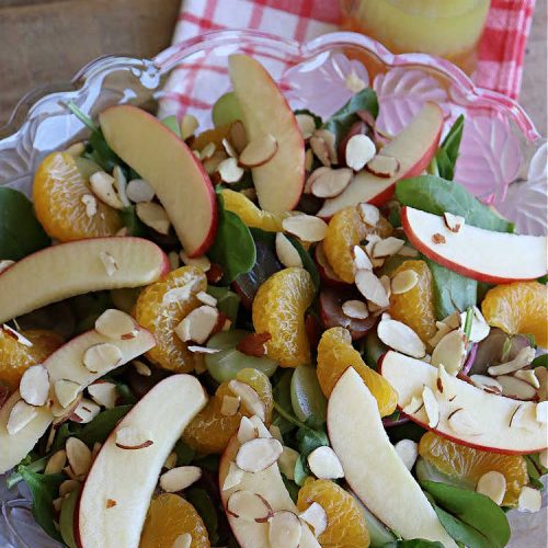 Fruit and Nut Tossed Salad | Can't Stay Out of the Kitchen | Every forkful of this tasty #salad will captivate your palate! It's a delicious #TossedSalad that's light, refreshing, #healthy, #LowCalorie, #vegan & #GlutenFree. It's also easy to whip up for regular meals or company dinners. The #apples, #grapes #MandarinOrange segments & #almonds go so well with the #LemonZest #SaladDressing. #FruitAndNutTossedSalad