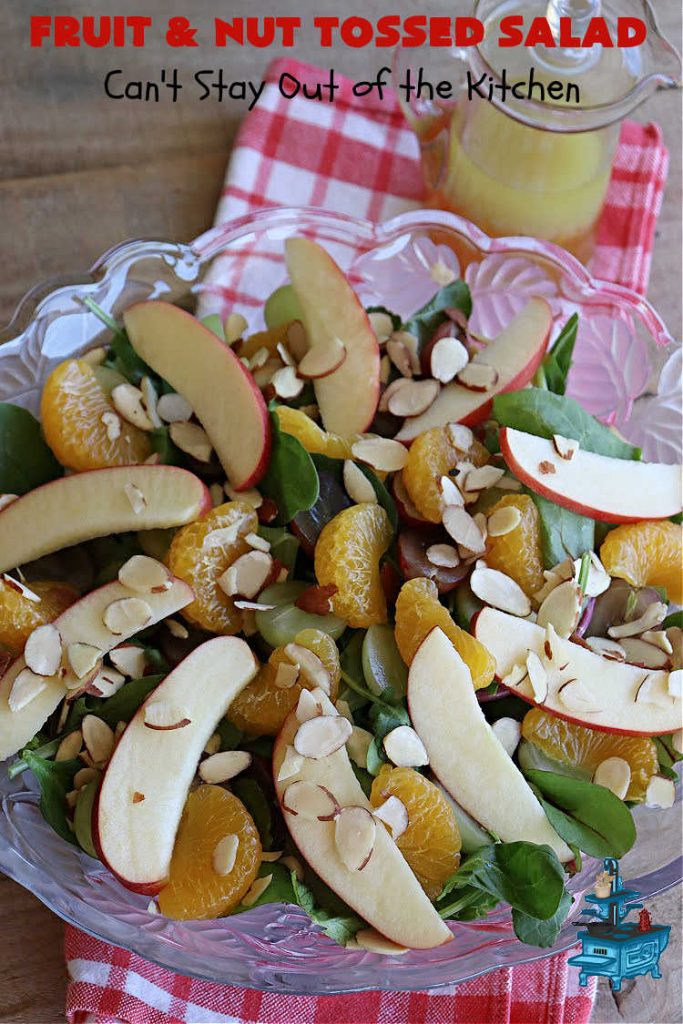 Fruit and Nut Tossed Salad | Can't Stay Out of the Kitchen | Every forkful of this tasty #salad will captivate your palate! It's a delicious #TossedSalad that's light, refreshing, #healthy, #LowCalorie, #vegan & #GlutenFree. It's also easy to whip up for regular meals or company dinners. The #apples, #grapes #MandarinOrange segments & #almonds go so well with the #LemonZest #SaladDressing. #FruitAndNutTossedSalad