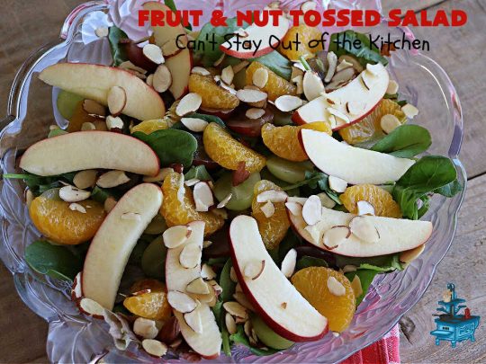 Fruit and Nut Tossed Salad | Can't Stay Out of the Kitchen | Every forkful of this tasty #salad will captivate your palate! It's a delicious #TossedSalad that's light, refreshing, #healthy, #LowCalorie, #vegan & #GlutenFree. It's also easy to whip up for regular meals or company dinners. The #apples, #grapes #MandarinOrange segments & #almonds go so well with the #LemonZest #SaladDressing. #FruitAndNutTossedSalad