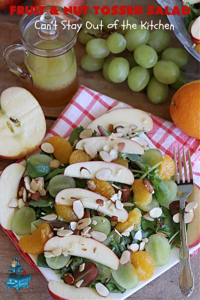 Fruit and Nut Tossed Salad | Can't Stay Out of the Kitchen | Every forkful of this tasty #salad will captivate your palate! It's a delicious #TossedSalad that's light, refreshing, #healthy, #LowCalorie, #vegan & #GlutenFree. It's also easy to whip up for regular meals or company dinners. The #apples, #grapes #MandarinOrange segments & #almonds go so well with the #LemonZest #SaladDressing. #FruitAndNutTossedSalad