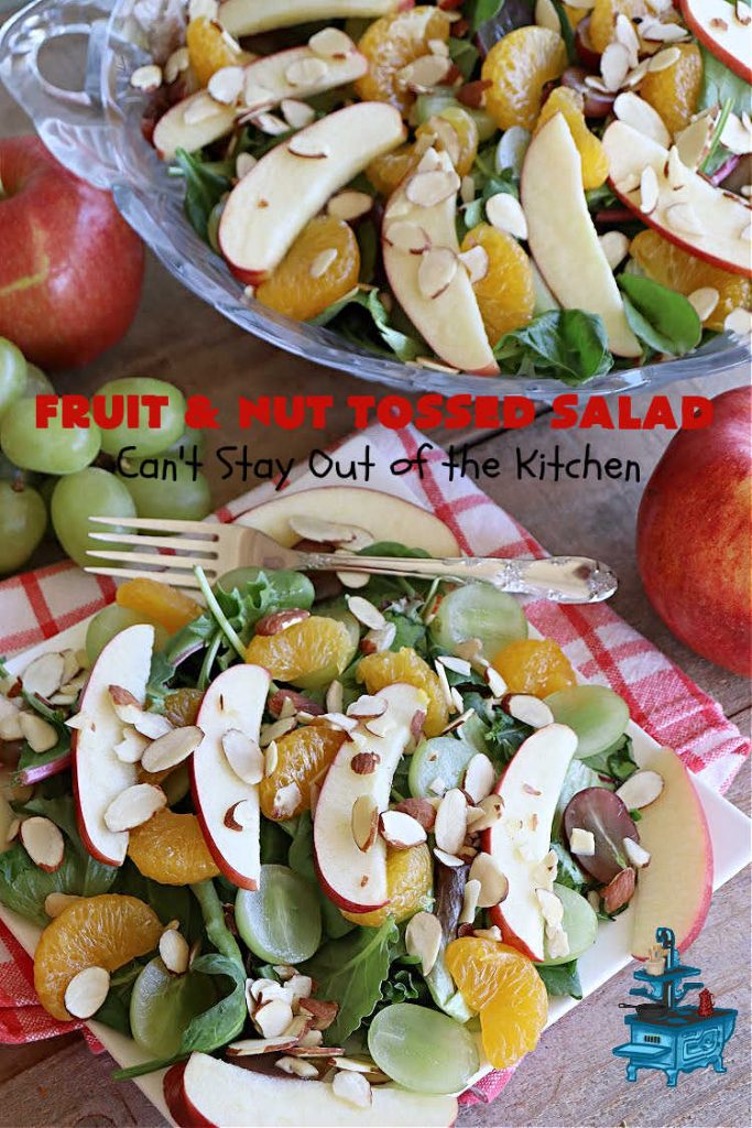 Fruit and Nut Tossed Salad | Can't Stay Out of the Kitchen | Every forkful of this tasty #salad will captivate your palate! It's a delicious #TossedSalad that's light, refreshing, #healthy, #LowCalorie, #vegan & #GlutenFree. It's also easy to whip up for regular meals or company dinners. The #apples, #grapes #MandarinOrange segments & #almonds go so well with the #LemonZest #SaladDressing. #FruitAndNutTossedSalad