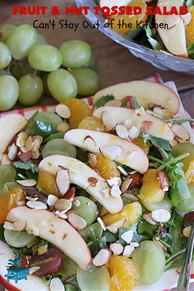 Fruit and Nut Tossed Salad | Can't Stay Out of the Kitchen | Every forkful of this tasty #salad will captivate your palate! It's a delicious #TossedSalad that's light, refreshing, #healthy, #LowCalorie, #vegan & #GlutenFree. It's also easy to whip up for regular meals or company dinners. The #apples, #grapes #MandarinOrange segments & #almonds go so well with the #LemonZest #SaladDressing. #FruitAndNutTossedSalad