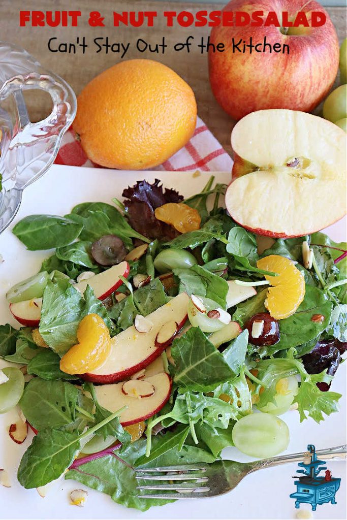 Fruit and Nut Tossed Salad | Can't Stay Out of the Kitchen | Every forkful of this tasty #salad will captivate your palate! It's a delicious #TossedSalad that's light, refreshing, #healthy, #LowCalorie, #vegan & #GlutenFree. It's also easy to whip up for regular meals or company dinners. The #apples, #grapes #MandarinOrange segments & #almonds go so well with the #LemonZest #SaladDressing. #FruitAndNutTossedSalad