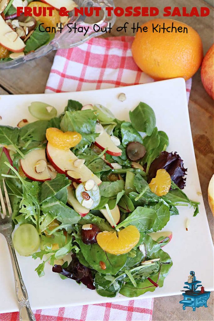 Fruit and Nut Tossed Salad | Can't Stay Out of the Kitchen | Every forkful of this tasty #salad will captivate your palate! It's a delicious #TossedSalad that's light, refreshing, #healthy, #LowCalorie, #vegan & #GlutenFree. It's also easy to whip up for regular meals or company dinners. The #apples, #grapes #MandarinOrange segments & #almonds go so well with the #LemonZest #SaladDressing. #FruitAndNutTossedSalad