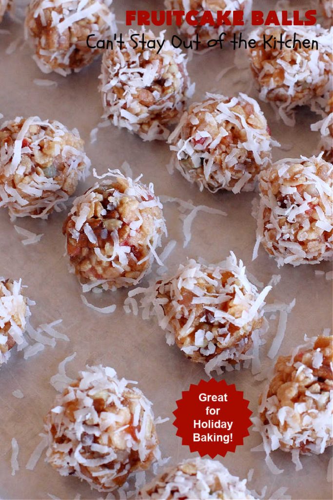 Fruitcake Balls | Can't Stay Out of the Kitchen | these lovely #cookies include #fruitcake mix, #pecans #RiceKrispies & #coconut. They're fantastic for #holiday #baking, #tailgating parties & a #ChristmasCookieExchange. This is a mouthwatering & irresistible #GlutenFree #dessert #ChristmasDessert #HolidayDessert #FruitcakeDessert #ParadiseCandiedFruit #ParadiseFruitCompany #FruitcakeBalls