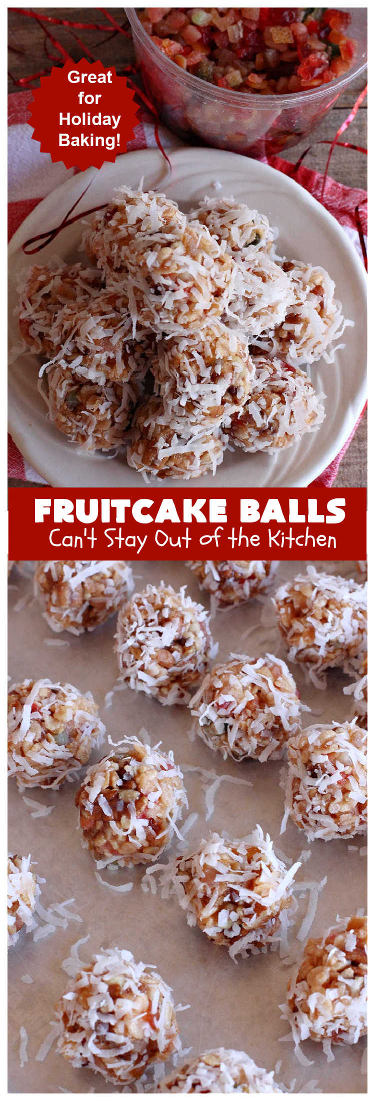 Fruitcake Balls | Can't Stay Out of the Kitchen | these lovely #cookies include #fruitcake mix, #pecans #RiceKrispies & #coconut. They're fantastic for #holiday #baking, #tailgating parties & a #ChristmasCookieExchange. This is a mouthwatering & irresistible #GlutenFree #dessert #ChristmasDessert #HolidayDessert #FruitcakeDessert #ParadiseCandiedFruit #ParadiseFruitCompany #FruitcakeBalls