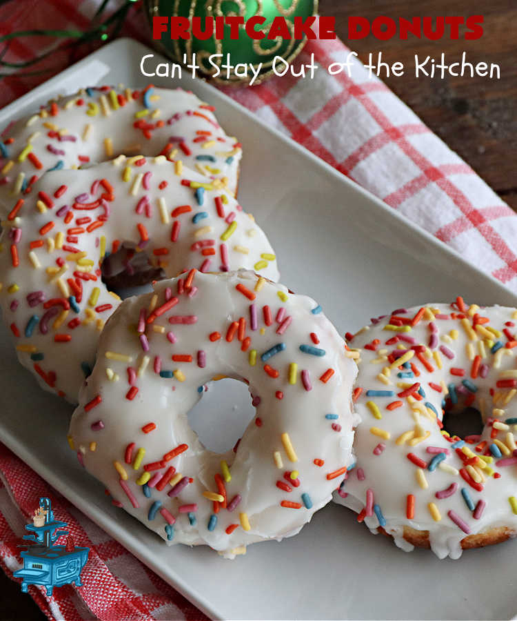 Fruitcake Donuts | Can't Stay Out of the Kitchen | #FruitcakeDonuts are divine! These heavenly #donuts are filled with #fruitcake mix & laced with #AlmondExtract which greatly increases the flavor. #Almond icing & #RainbowSprinkles amp up the flavors even more! Perfect for #Thanksgiving or #Christmas #breakfast or #brunch. #CandiedCherries #CandiedPineapple #ParadiseFruit #HolidayBreakfast #holiday