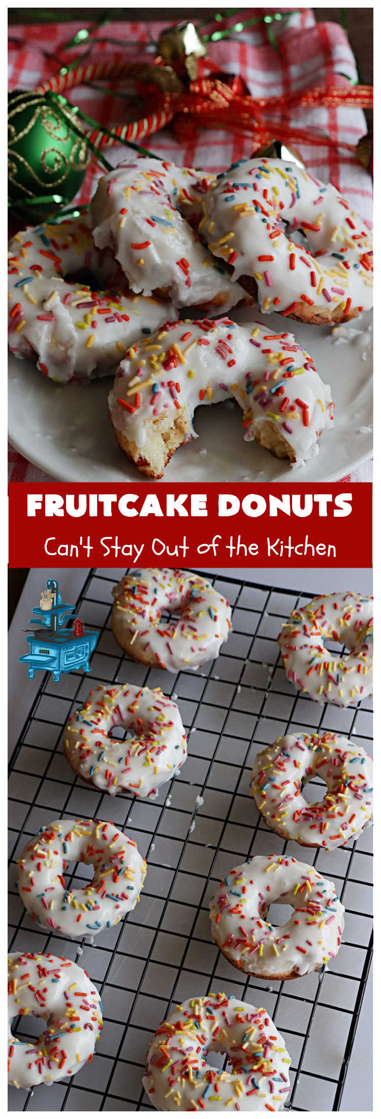 Fruitcake Donuts | Can't Stay Out of the Kitchen | #FruitcakeDonuts are divine! These heavenly #donuts are filled with #fruitcake mix & laced with #AlmondExtract which greatly increases the flavor. #Almond icing & #RainbowSprinkles amp up the flavors even more! Perfect for #Thanksgiving or #Christmas #breakfast or #brunch. #CandiedCherries #CandiedPineapple #ParadiseFruit #HolidayBreakfast #holiday