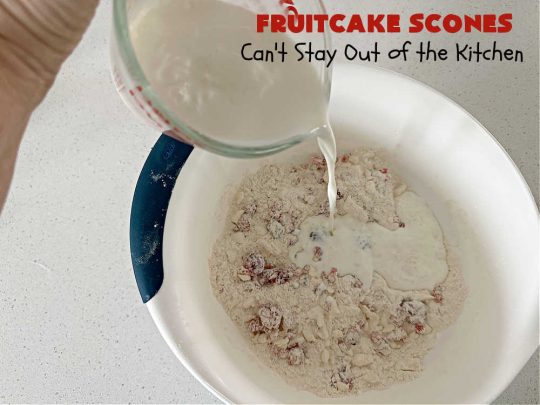 Fruitcake Scones | Can't Stay Out of the Kitchen | these #FruitcakeScones are to die for! Truly, these #scones are filled with #FruitcakeMix & laced with #AlmondExtract in the scone and the icing. Perfect for #breakfast or #brunch menus during #Thanksgiving week or #Christmas week. You'll be drooling over every bite! #holiday #HolidayBreakfast #HolidayBaking #fruitcake #cherries #ParadiseFruit