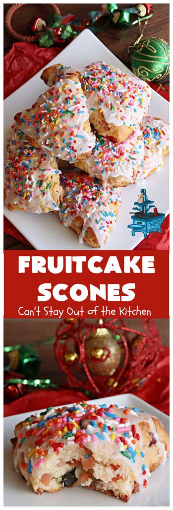 Fruitcake Scones | Can't Stay Out of the Kitchen | these #FruitcakeScones are to die for! Truly, these #scones are filled with #FruitcakeMix & laced with #AlmondExtract in the scone and the icing. Perfect for #breakfast or #brunch menus during #Thanksgiving week or #Christmas week. You'll be drooling over every bite! #holiday #HolidayBreakfast #HolidayBaking #fruitcake #cherries #ParadiseFruit