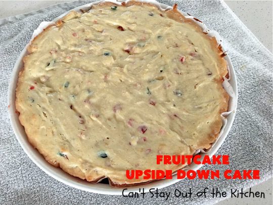 Fruitcake Upside Down Cake | Can't Stay Out of the Kitchen | this moist & delicious #cake is nothing like traditional #Fruitcake. This #UpsideDownCake is moist, drool-worthy & full of flavor. It will wow your #holiday company & friends. Beautiful, elegant & festive enough for any holiday party or gala. #HolidayDessert #FruitcakeDessert #FruitcakeUpsideDownCake #ParadiseCandiedFruit #ParadiseFruitCompany