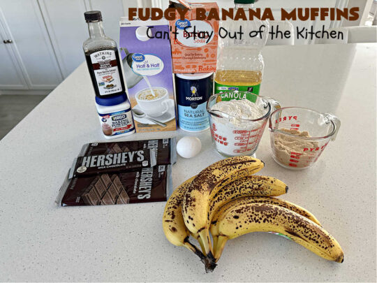 Fudgy Banana Muffins | Can't Stay Out of the Kitchen | Prepare to swoon over these delightful #muffins. They're full of #fudgy #chocolate flavor & include pieces of a #HersheysChocolateBar in the #muffin & sprinkled on top. #Bananas keep the #muffins moist. Great for a weekend, company or #holiday #breakfast or #brunch. #ChocolateMuffins #BananaMuffins #FudgyBananaMuffins