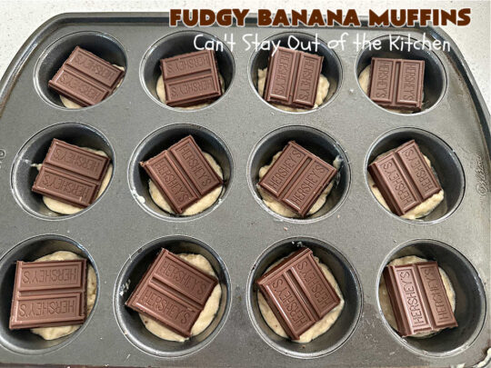 Fudgy Banana Muffins | Can't Stay Out of the Kitchen | Prepare to swoon over these delightful #muffins. They're full of #fudgy #chocolate flavor & include pieces of a #HersheysChocolateBar in the #muffin & sprinkled on top. #Bananas keep the #muffins moist. Great for a weekend, company or #holiday #breakfast or #brunch. #ChocolateMuffins #BananaMuffins #FudgyBananaMuffins