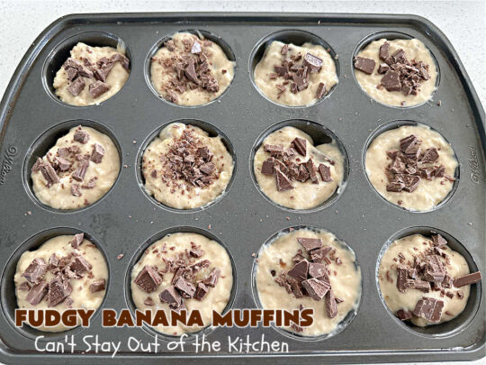 Fudgy Banana Muffins | Can't Stay Out of the Kitchen | Prepare to swoon over these delightful #muffins. They're full of #fudgy #chocolate flavor & include pieces of a #HersheysChocolateBar in the #muffin & sprinkled on top. #Bananas keep the #muffins moist. Great for a weekend, company or #holiday #breakfast or #brunch. #ChocolateMuffins #BananaMuffins #FudgyBananaMuffins