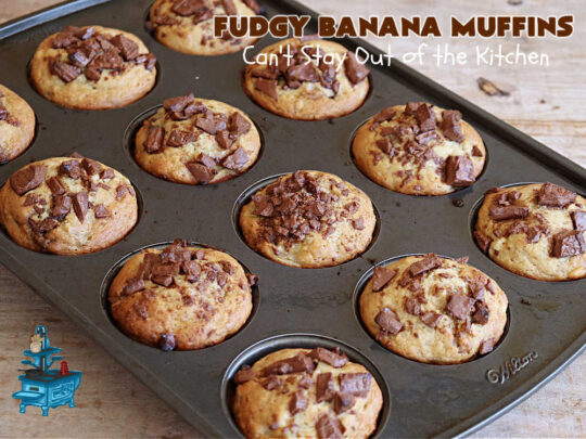 Fudgy Banana Muffins | Can't Stay Out of the Kitchen | Prepare to swoon over these delightful #muffins. They're full of #fudgy #chocolate flavor & include pieces of a #HersheysChocolateBar in the #muffin & sprinkled on top. #Bananas keep the #muffins moist. Great for a weekend, company or #holiday #breakfast or #brunch. #ChocolateMuffins #BananaMuffins #FudgyBananaMuffins