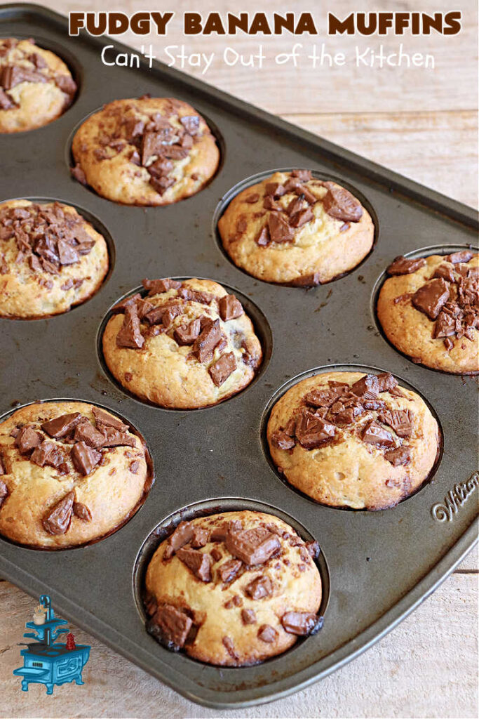 Fudgy Banana Muffins | Can't Stay Out of the Kitchen | Prepare to swoon over these delightful #muffins. They're full of #fudgy #chocolate flavor & include pieces of a #HersheysChocolateBar in the #muffin & sprinkled on top. #Bananas keep the #muffins moist. Great for a weekend, company or #holiday #breakfast or #brunch. #ChocolateMuffins #BananaMuffins #FudgyBananaMuffins