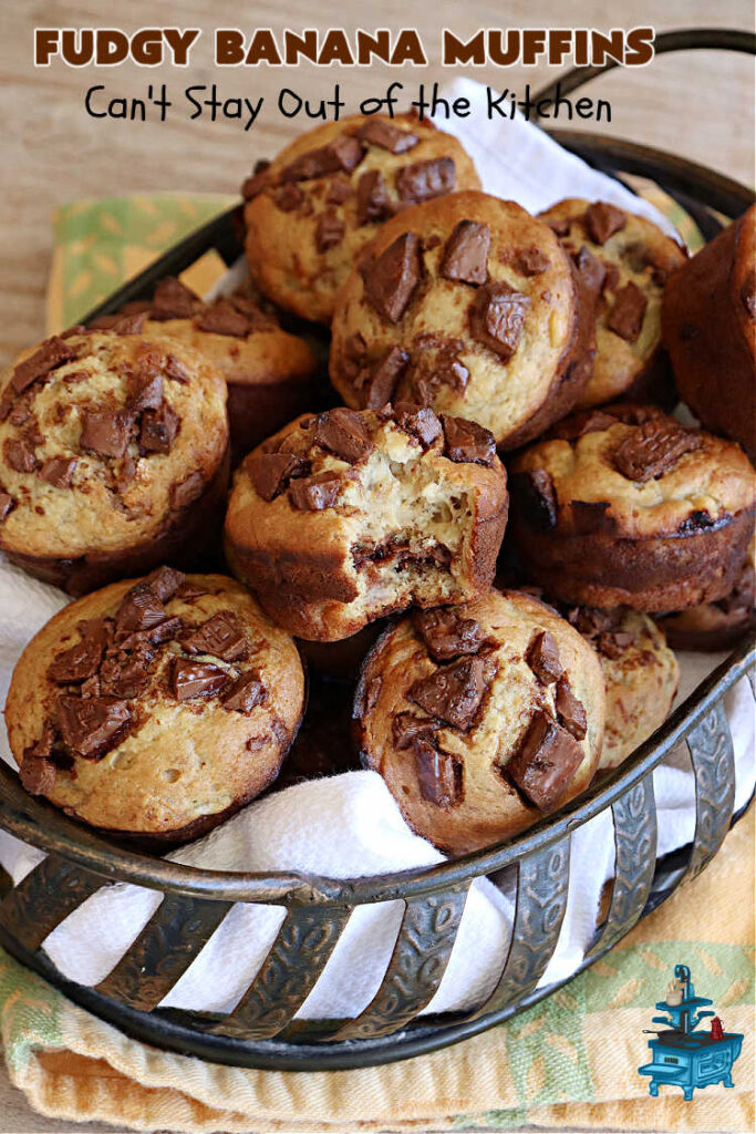 Fudgy Banana Muffins | Can't Stay Out of the Kitchen | Prepare to swoon over these delightful #muffins. They're full of #fudgy #chocolate flavor & include pieces of a #HersheysChocolateBar in the #muffin & sprinkled on top. #Bananas keep the #muffins moist. Great for a weekend, company or #holiday #breakfast or #brunch. #ChocolateMuffins #BananaMuffins #FudgyBananaMuffins