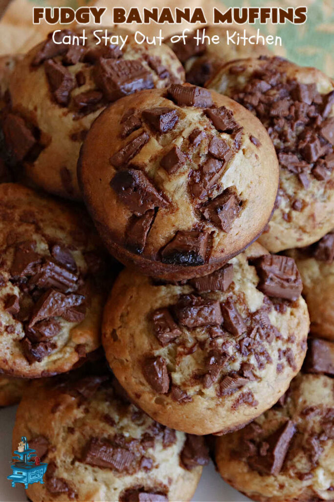 Fudgy Banana Muffins | Can't Stay Out of the Kitchen | Prepare to swoon over these delightful #muffins. They're full of #fudgy #chocolate flavor & include pieces of a #HersheysChocolateBar in the #muffin & sprinkled on top. #Bananas keep the #muffins moist. Great for a weekend, company or #holiday #breakfast or #brunch. #ChocolateMuffins #BananaMuffins #FudgyBananaMuffins