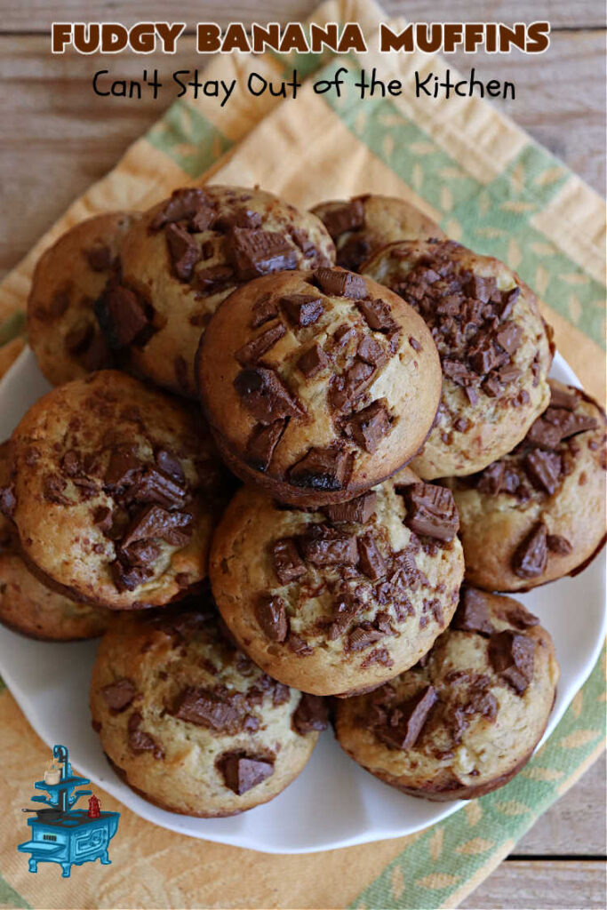 Fudgy Banana Muffins | Can't Stay Out of the Kitchen | Prepare to swoon over these delightful #muffins. They're full of #fudgy #chocolate flavor & include pieces of a #HersheysChocolateBar in the #muffin & sprinkled on top. #Bananas keep the #muffins moist. Great for a weekend, company or #holiday #breakfast or #brunch. #ChocolateMuffins #BananaMuffins #FudgyBananaMuffins