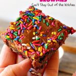 Fudgy Sprinkle Brownies | Can't Stay Out of the Kitchen | these dynamite #brownies are filled with #chocolate & #sprinkles! The #fudge frosting is to die for! They're perfect for #tailgating parties, potlucks or any family get-together. #cookie #dessert