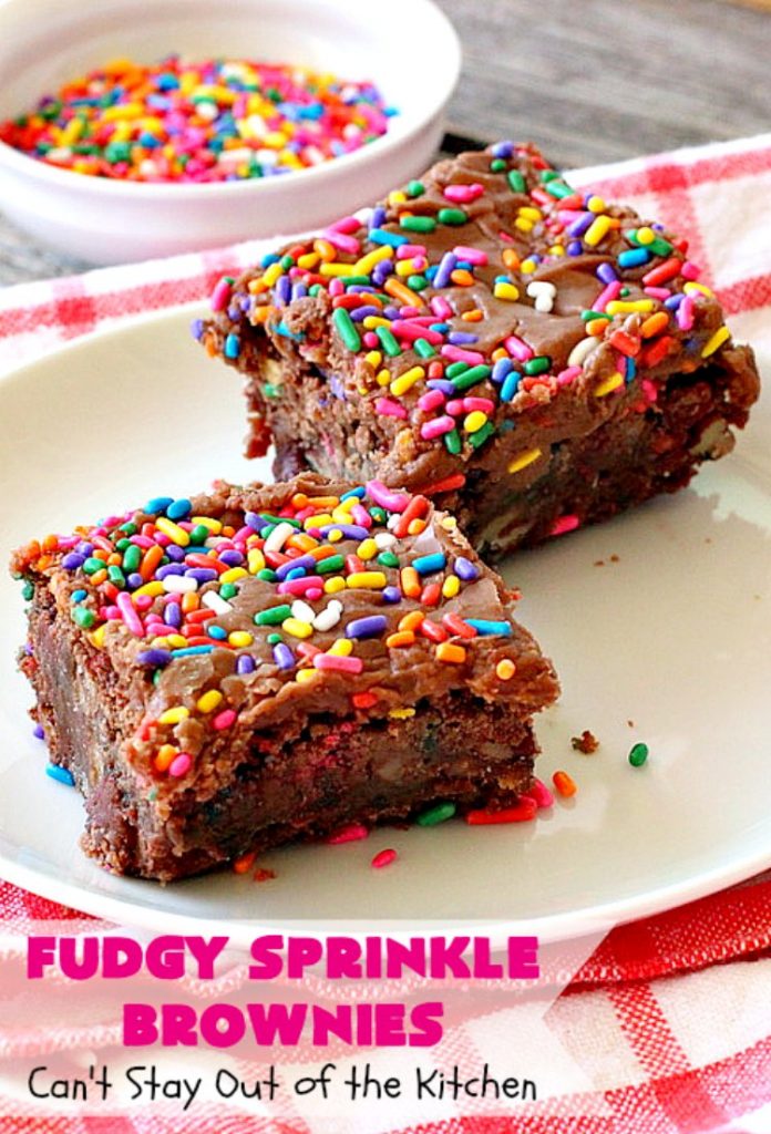 Fudgy Sprinkle Brownies | Can't Stay Out of the Kitchen | these dynamite #brownies are filled with #chocolate & #sprinkles! They're perfect for #tailgating parties, potlucks or any family get-together. #cookie #dessert