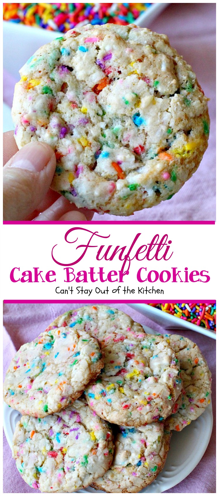 Funfetti Cake Batter Cookies | Can't Stay Out of the Kitchen | these fantastic #cookies are so quick and easy to make since they start with a #cakemix. Add lots of #funfetti sprinkles and you have one of the best cookies imaginable. #dessert