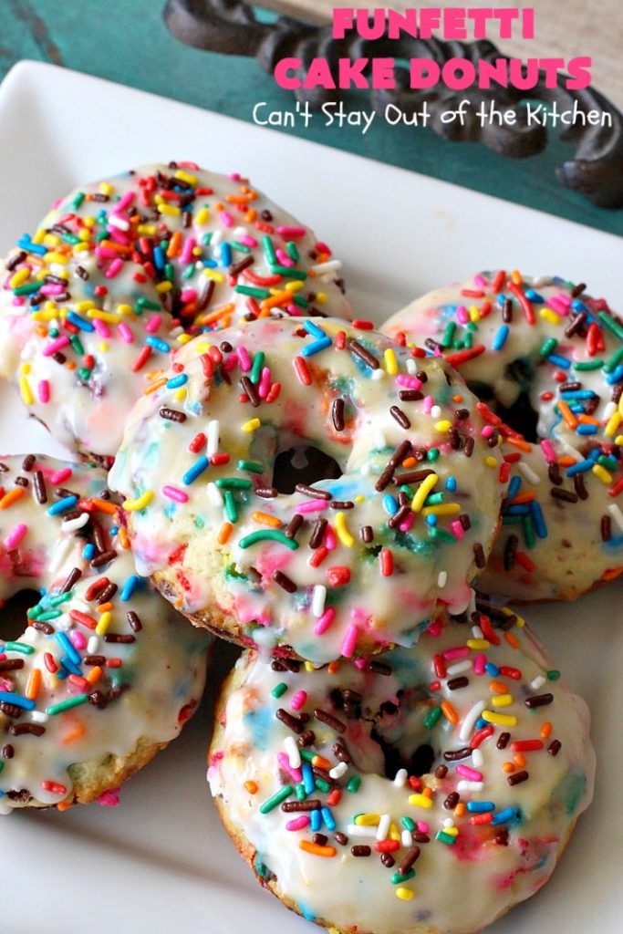 Funfetti Cake Donuts | Can't Stay Out of the Kitchen | my favorite #donut #recipe. These have delightful #almond flavoring in the donut & icing. #Sprinkles make everything better! Great for a #holiday #breakfast like #MemorialDay or #FathersDay. #Funfetti #FunfettiCakeDonuts #HolidayBreakfast