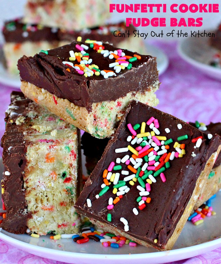 Funfetti Cookie Fudge Bars | Can't Stay Out of the Kitchen | these delicious #funfetti #cookies have a scrumptious #fudge frosting on top. Terrific for #tailgating parties, potlucks, backyard BBQs & summer #holiday fun like #FourthOfJuly. #chocolate #FunfettiCookie #FunfettiCookieFudgeBars #ChocolateDessert #FunfettiDessert