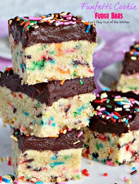 Funfetti Cookie Fudge Bars | Can't Stay Out of the Kitchen | these sensational #brownies are filled with #sprinkles and topped with a #fudge frosting to die for! #dessert #cookie