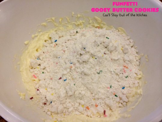 Funfetti Gooey Butter Cookies | Can't Stay Out of the Kitchen | these easy & delicious #cookies really deliver on taste. They're perfect for birthdays, potlucks, tailgating parties or any time you're craving a sweet treat. #dessert #funfetti #CreamCheese #FunfettiGooeyButterCookies #FunfettiDessert #sprinkles