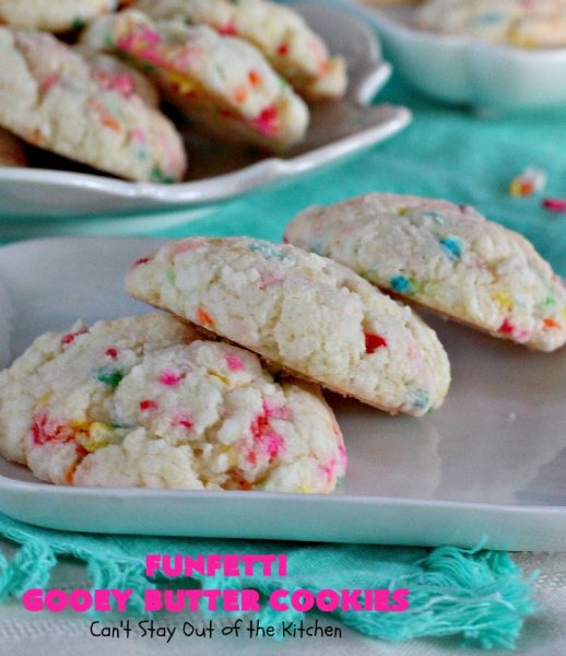 Funfetti Gooey Butter Cookies | Can't Stay Out of the Kitchen | these easy & delicious #cookies really deliver on taste. They're perfect for birthdays, potlucks, tailgating parties or any time you're craving a sweet treat. #dessert #funfetti #CreamCheese #FunfettiGooeyButterCookies #FunfettiDessert #sprinkles