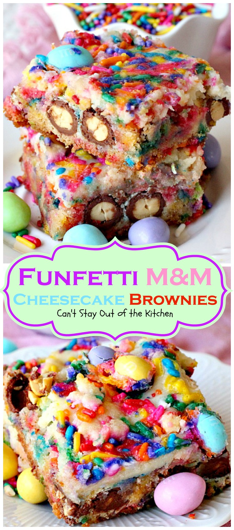Funfetti M&M Cheesecake Brownies | Can't Stay Out of the Kitchen