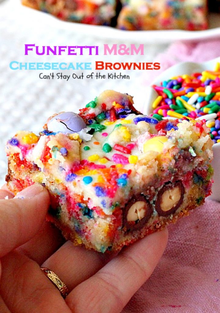 Funfetti M&M Cheesecake Brownies | Can't Stay Out of the Kitchen | these rich and decadent #brownies are sure to satisfy any sweet tooth craving. #peanutbutter #M&M's #rainbowsprinkles and #cheesecake make for an unbeatable combination. #dessert #chocolate
