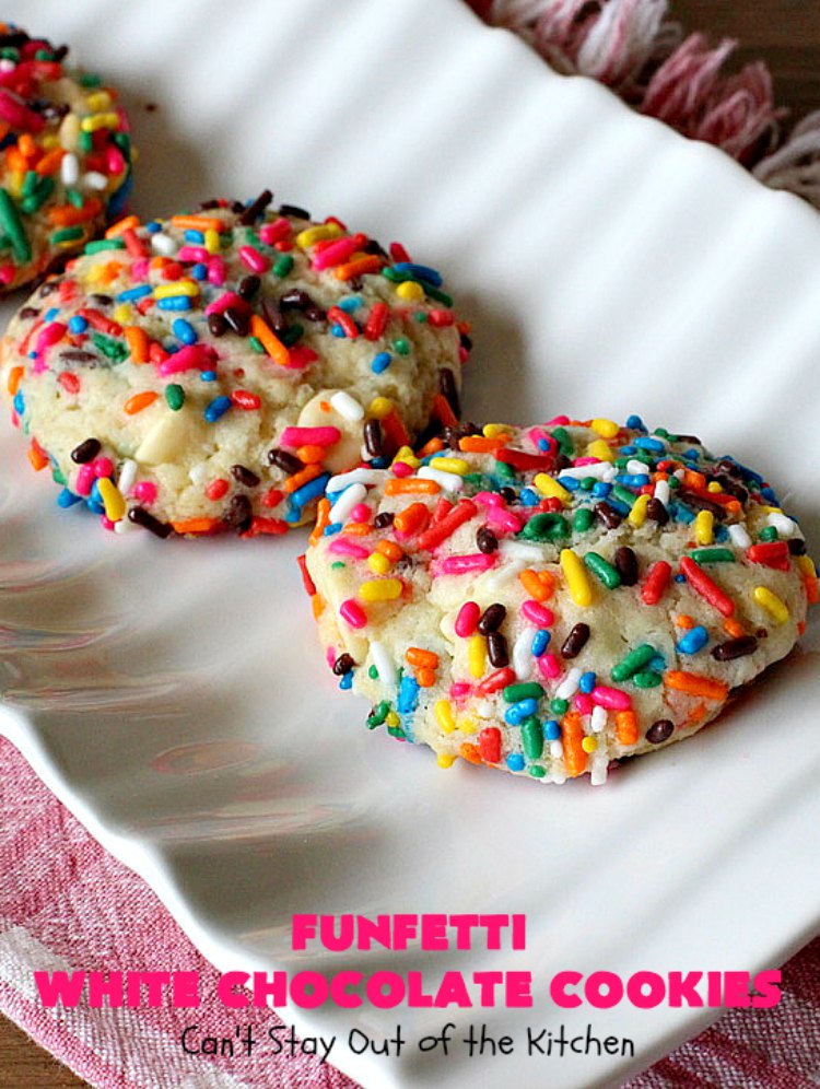Funfetti White Chocolate Cookies | Can't Stay Out of the Kitchen | this terrific 5-ingredient #recipe can be whipped up in 30 minutes. It starts with a #FunfettiCakeMix, #sprinkles & #WhiteChocolateChips. Great #dessert for #tailgating or office parties, potlucks or backyard barbecues. #Funfetti #cookies #FunfettiWhiteChocolateCookies #dessert #FunfettiDessert #ChocolateDessert #chocolate