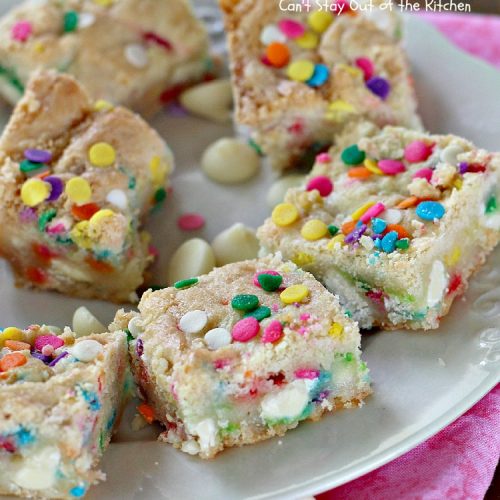 Funfetti White Chocolate Gooey Bars | Can't Stay Out of the Kitchen