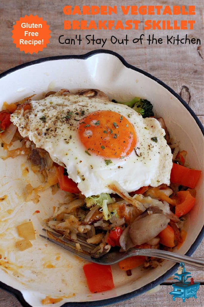 Garden Vegetable Breakfast Skillet | Can't Stay Out of the Kitchen | this delectable #BreakfastSkillet includes seasoned #HashBrowns, #MontereyJack & #CheddarCheese, several garden #vegetables including #mushrooms & #broccoli & it's topped with two #eggs. It's a fantastic hearty #breakfast for weekends, company or #holidays. #vegetarian #GlutenFree #VegetarianBreakfastSkillet #GardenVegetableBreakfastSkillet #HolidayBreakfast