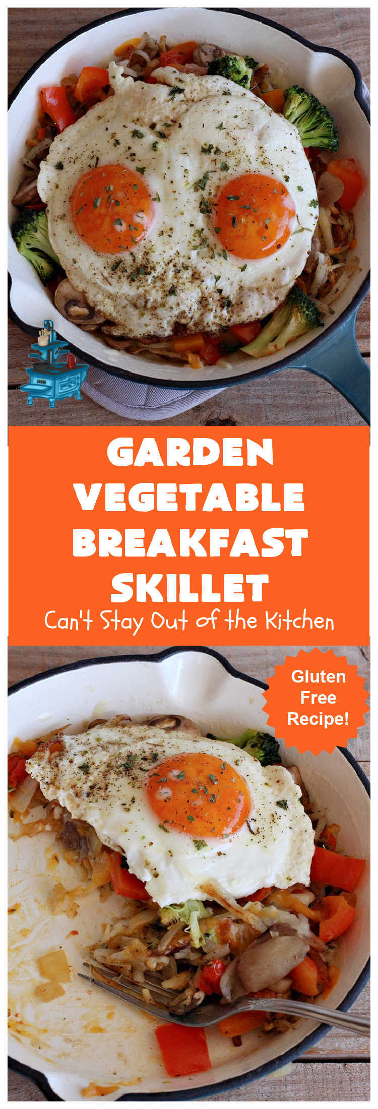 Garden Vegetable Breakfast Skillet | Can't Stay Out of the Kitchen | this delectable #BreakfastSkillet includes seasoned #HashBrowns, #MontereyJack & #CheddarCheese, several garden #vegetables including #mushrooms & #broccoli & it's topped with two #eggs. It's a fantastic hearty #breakfast for weekends, company or #holidays. #vegetarian #GlutenFree #VegetarianBreakfastSkillet #GardenVegetableBreakfastSkillet #HolidayBreakfast