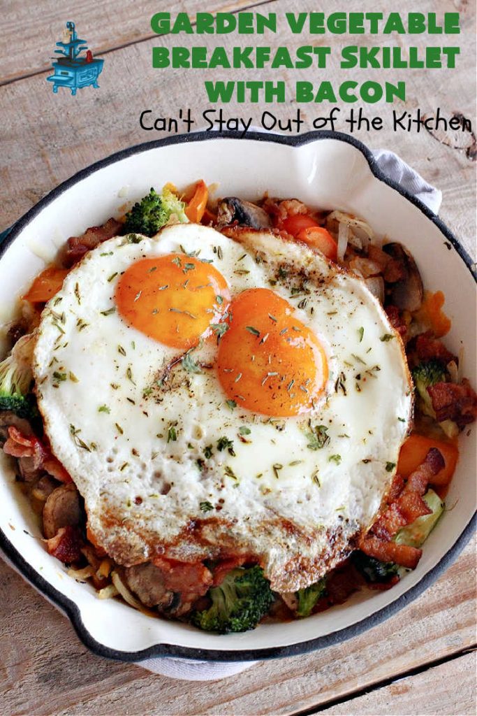 Garden Vegetable Breakfast Skillet With Bacon | Can't Stay Out of the Kitchen | this fantastic #BreakfastSkillet includes seasoned #HashBrowns, lots of garden veggies, #CheddarCheese & #MontereyJackCheese, #bacon & #eggs. It's hearty, filling & so satisfying for a family, company or #holiday #breakfast. #broccoli #mushrooms #pork #HolidayBreakfast #GardenVegetableBreakfastSkilletWithBaacon