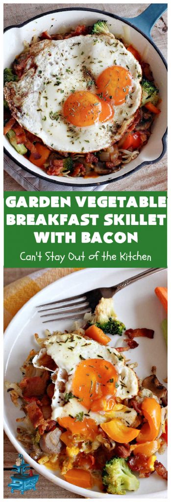 Garden Vegetable Breakfast Skillet With Bacon | Can't Stay Out of the Kitchen | this fantastic #BreakfastSkillet includes seasoned #HashBrowns, lots of garden veggies, #CheddarCheese & #MontereyJackCheese, #bacon & #eggs. It's hearty, filling & so satisfying for a family, company or #holiday #breakfast. #broccoli #mushrooms #pork #HolidayBreakfast #GardenVegetableBreakfastSkilletWithBaacon