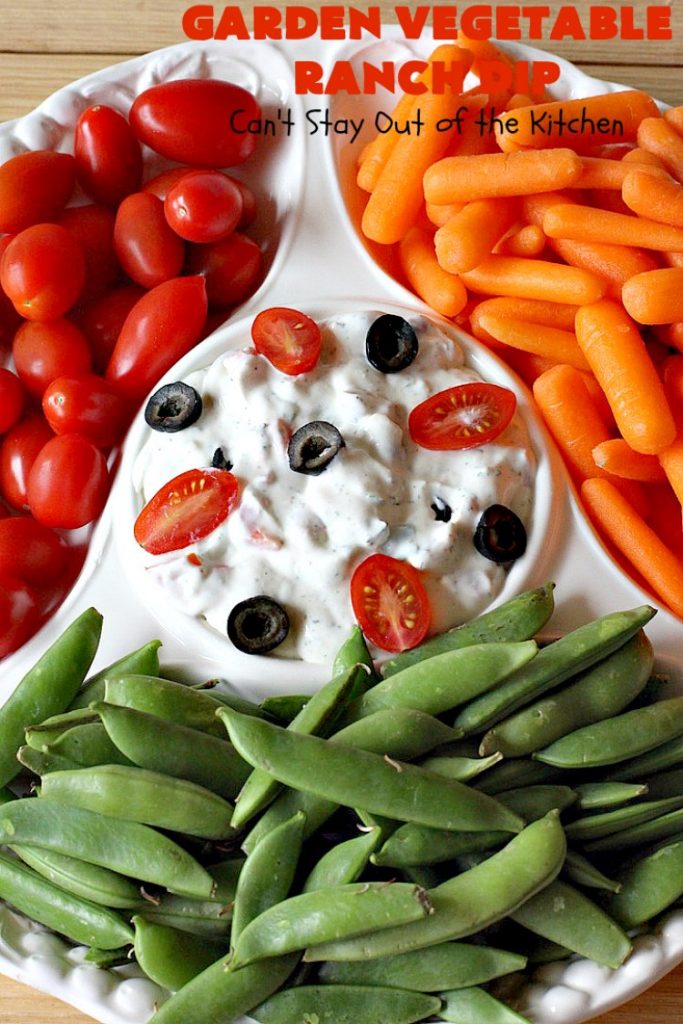 Garden Vegetable Ranch Dip | Can't Stay Out of the Kitchen | this quick & easy 6-ingredient #recipe is the perfect dip for #tailgating parties, potlucks or the #SuperBowl! You can whip this up in 5 minutes. Our company raved over this delicious #appetizer. Includes #RanchDressingMix, #olives & #tomatoes. #HiddenVallenRanchDressingMix #holiday #HolidayAppetizer #GardenVegetableRanchDip