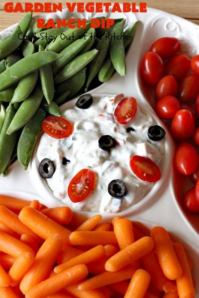 Garden Vegetable Ranch Dip | Can't Stay Out of the Kitchen | this quick & easy 6-ingredient #recipe is the perfect dip for #tailgating parties, potlucks or the #SuperBowl! You can whip this up in 5 minutes. Our company raved over this delicious #appetizer. Includes #RanchDressingMix, #olives & #tomatoes. #HiddenVallenRanchDressingMix #holiday #HolidayAppetizer #GardenVegetableRanchDip