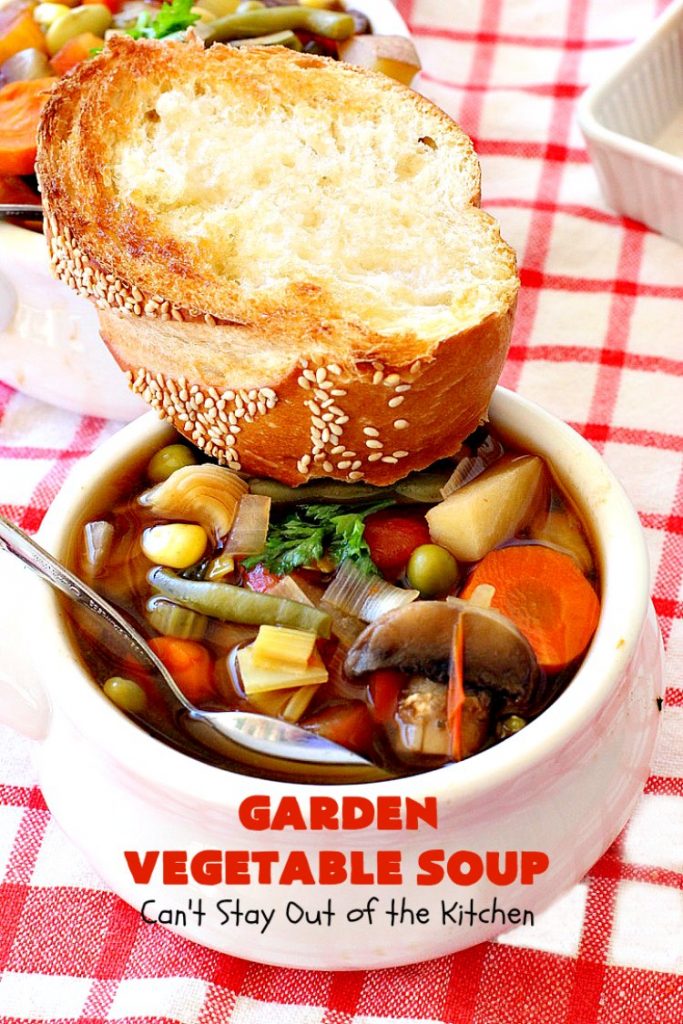 Garden Vegetable Soup | Can't Stay Out of the Kitchen | this delicious #soup is chocked full of veggies & so easy since it's made in the #crockpot. Healthy, low calorie, clean eating, #vegan & #glutenfree. #MeatlessMondays