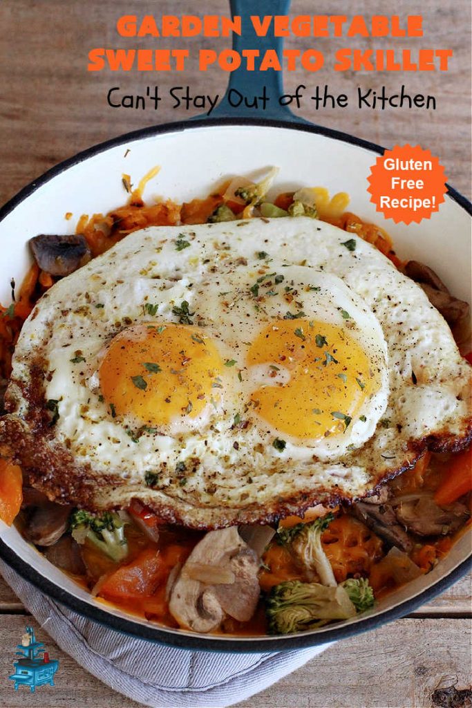 Garden Vegetable Sweet Potato Skillet | Can't Stay Out of the Kitchen | this is a fantastic #BreakfastSkillet #recipe that's #vegetarian. It includes lots of veggies including #SweetPotatoes, #tomatoes, #broccoli & #mushrooms along with #MontereyJack & #CheddarCheese. Along with #eggs this makes for one hearty, healthy and deliciously satisfying #breakfast entree. Great for a weekend, company or #holiday breakfast or #brunch. #SkilletBreakfast #HolidayBreakfast #MeatlessMonday #GlutenFree #GardenVegetableSweetPotatoSkillet
